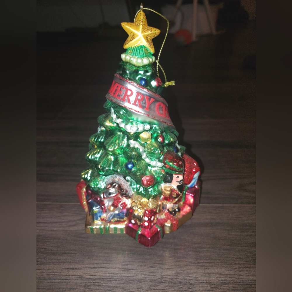 Glass Christmas Tree Ornament "Merry Christmas " Ribbon